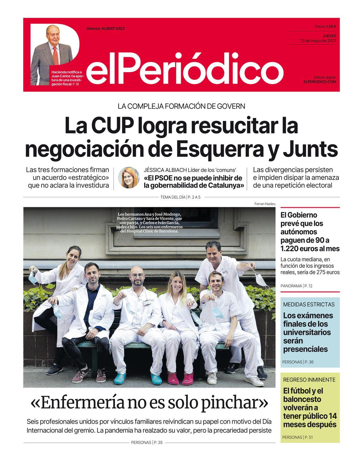 La portada d’EL PERIÓDICO del 13 de maig del 2021