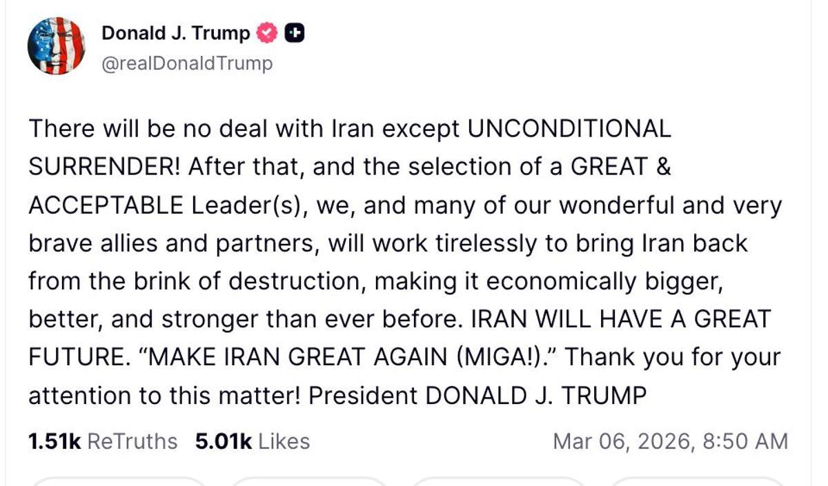 Mnesaje de Donald Trump en la red social 'Truth Social'