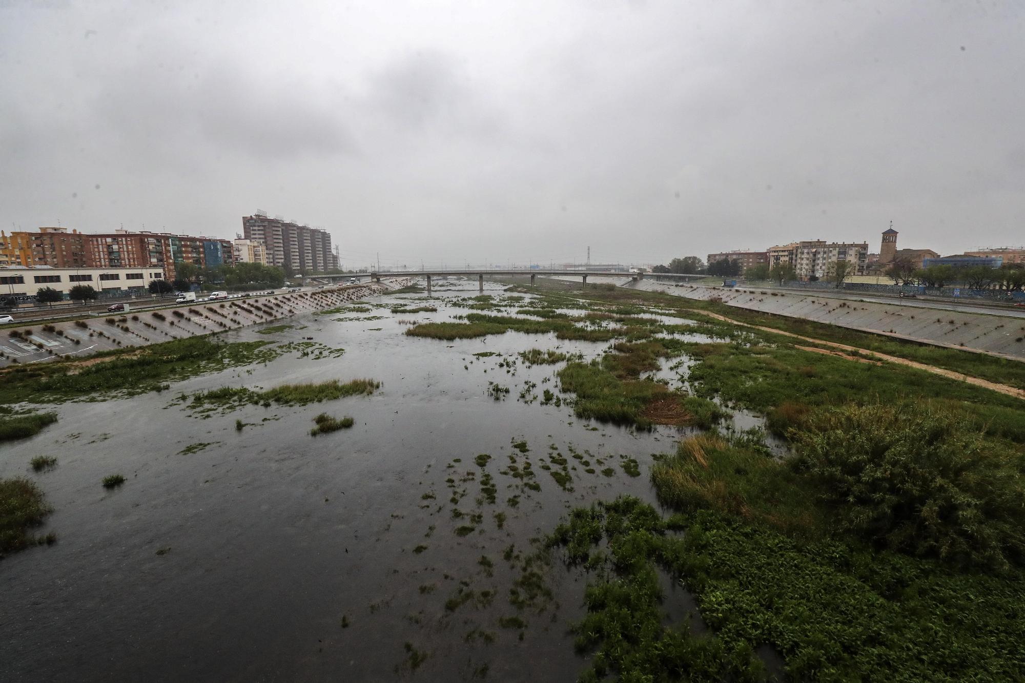 El nuevo cauce del Río Turia lleno, de nuevo, por el temporal de lluvias en València