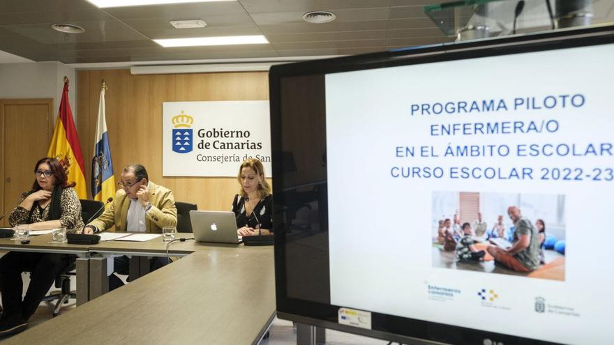 Los consejeros del Gobierno de Canarias de Educación y Sanidad en la presentación del proyecto piloto. | |