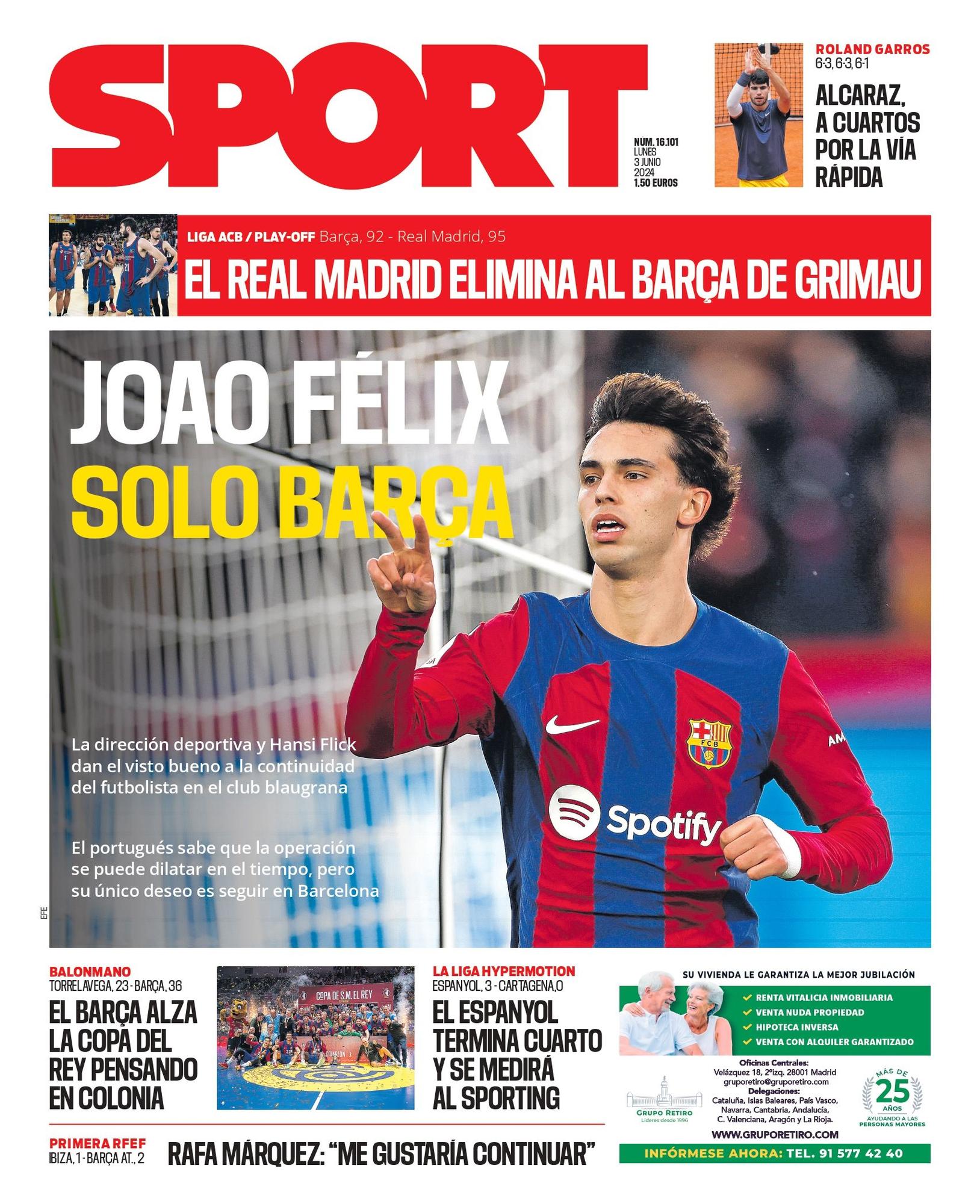 Esta es la portada SPORT de hoy, lunes 3 de junio de 2024