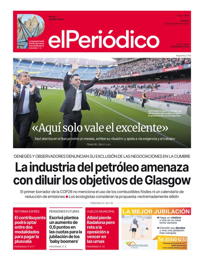 La portada de EL PERIÓDICO del 9 de novembre de 2021