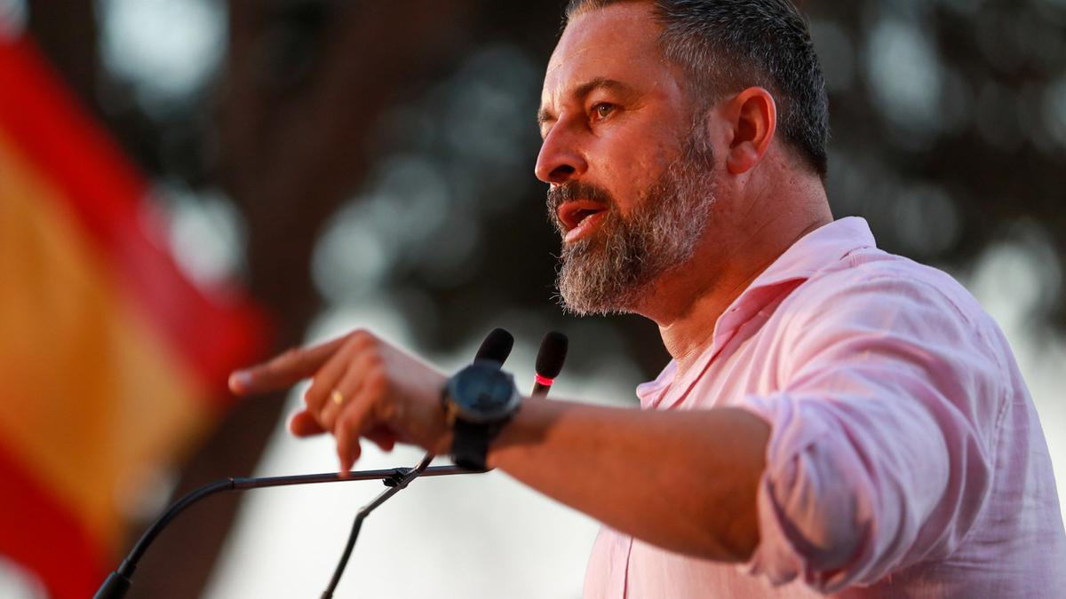 El líder de Vox y candidato a la Presidencia del Gobierno, Santiago Abascal, durante un acto de campaña electoral, a 14 de julio de 2023, en Palma de Mallorca, Mallorca, Islas Baleares (España).