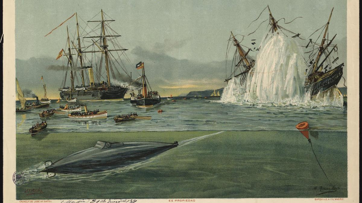 1889 El buque submarino Peral en el momento de lanzar un torpedo