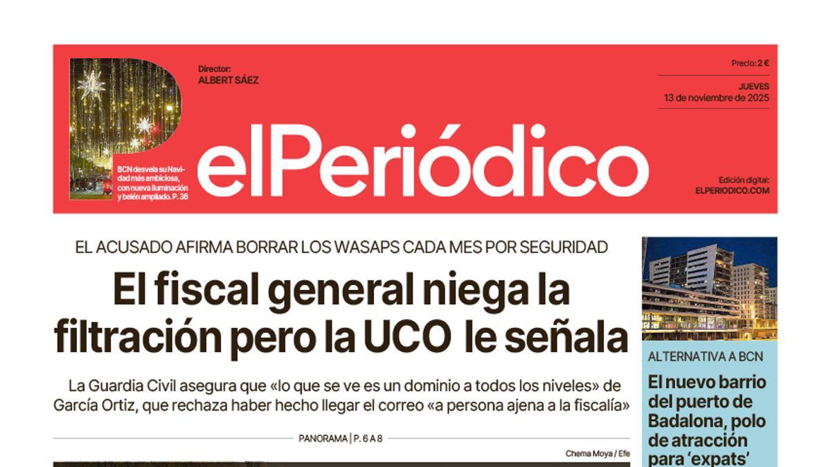 La portada de EL PERIÓDICO del 13 de noviembre de 2025