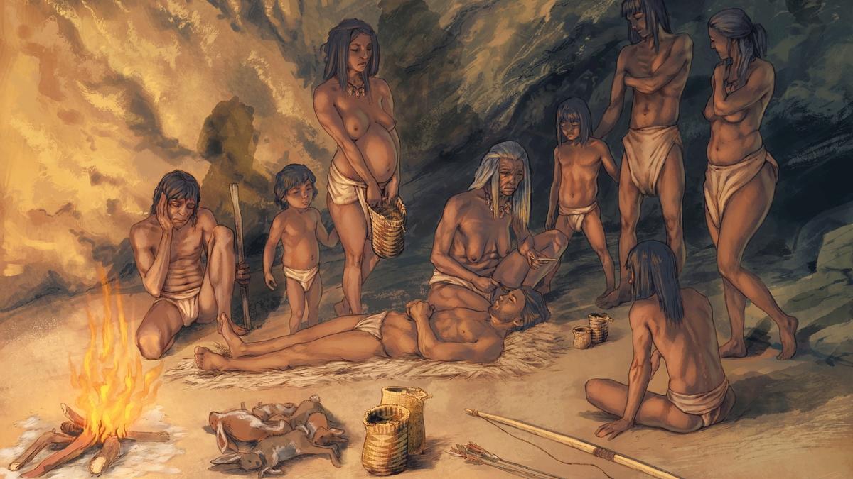 Recreación artística del uso de cestos mesolíticos por parte de un grupo de cazadores-recolectores en la Cueva de los Murciélagos.