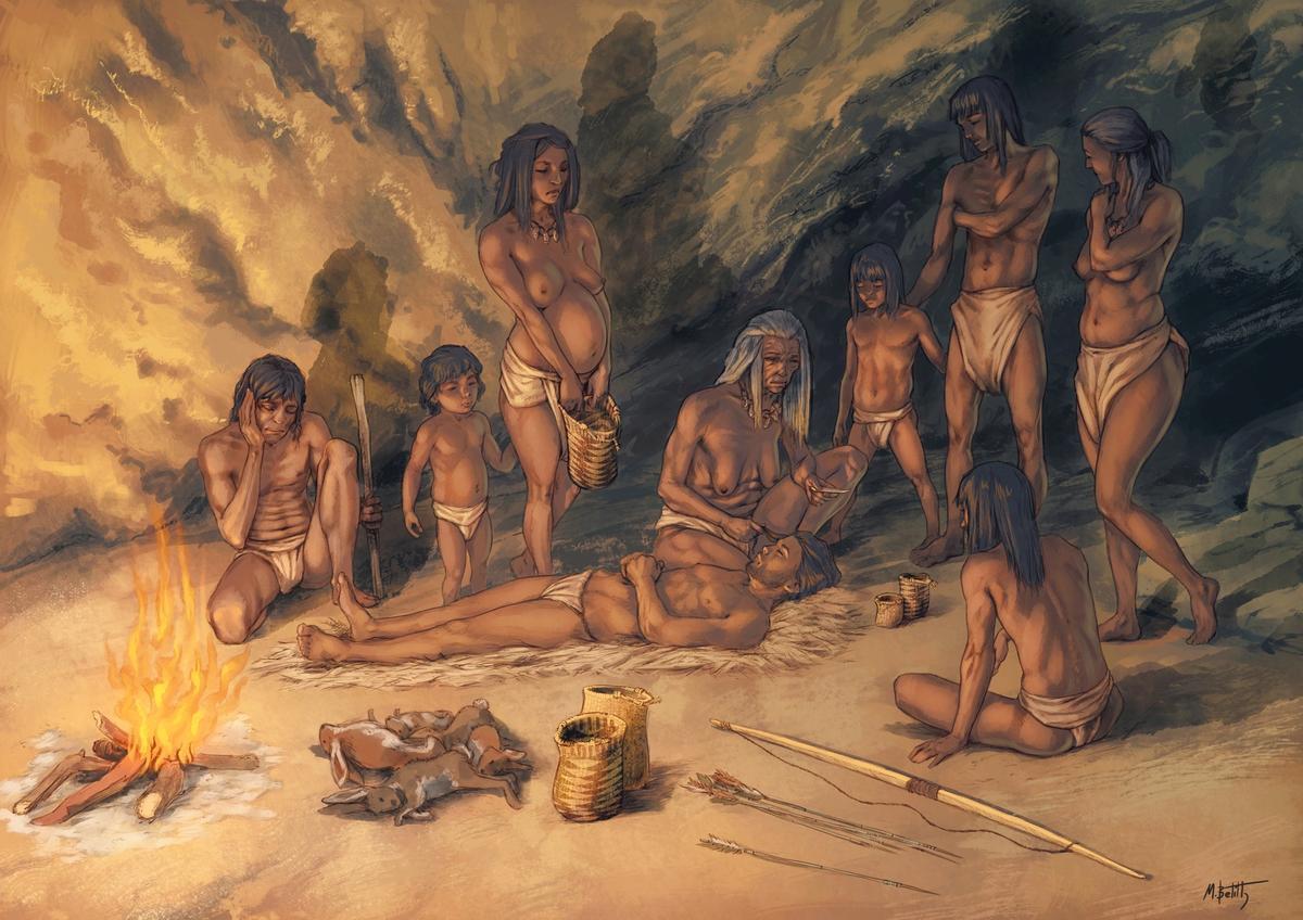 Recreación artística del uso de cestos mesolíticos por parte de un grupo de cazadores-recolectores en la Cueva de los Murciélagos.