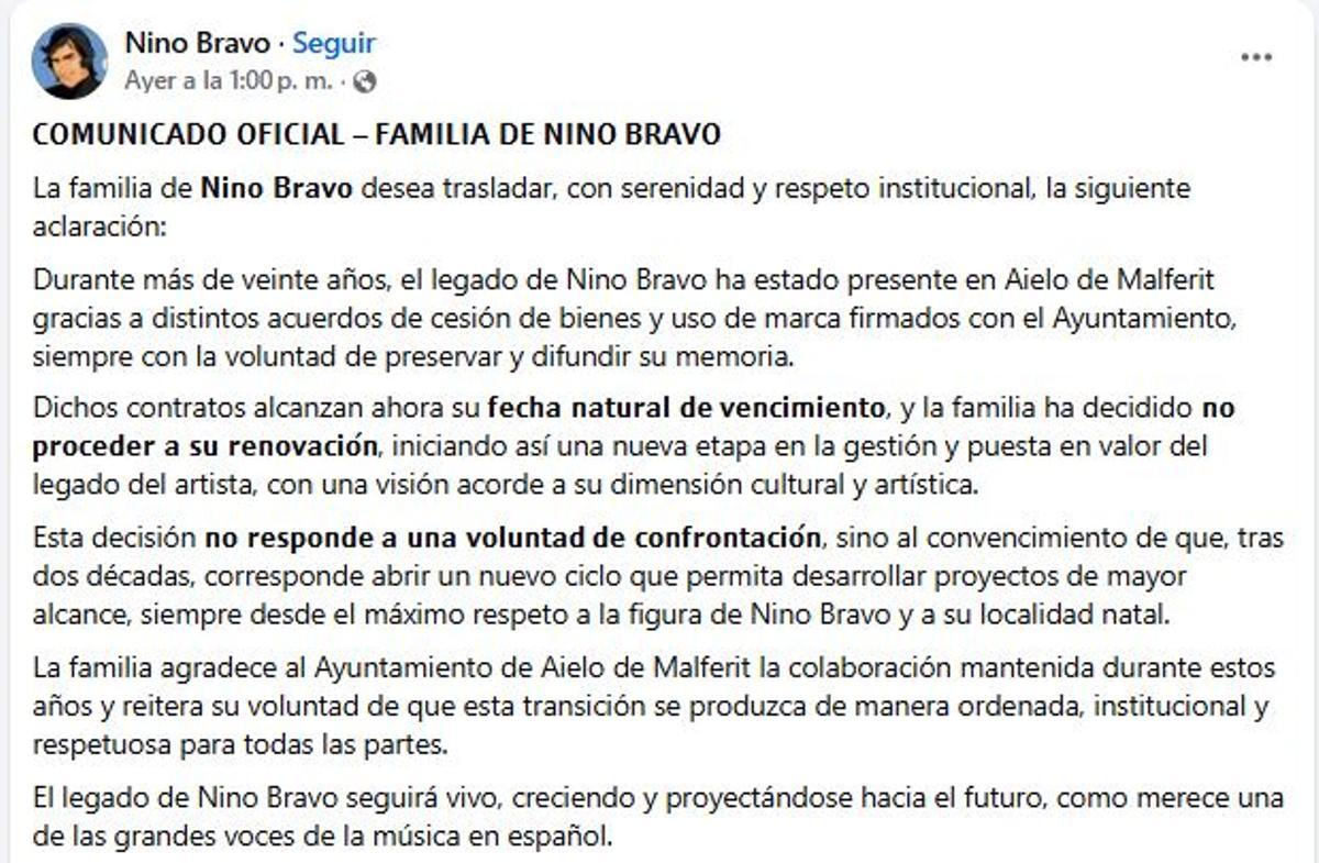 Comunicado hecho público por la familia de Nino Bravo.