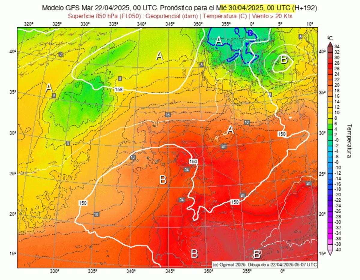 Modelo GFS para el miércoles, 30 de abril