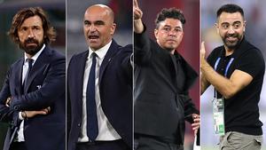 Los entrenadores candidatos a entrenar al FC Barcelona, Andrea Pirlo, Roberto Martinez, Marcelo Gallardo i Xavi Hernández.