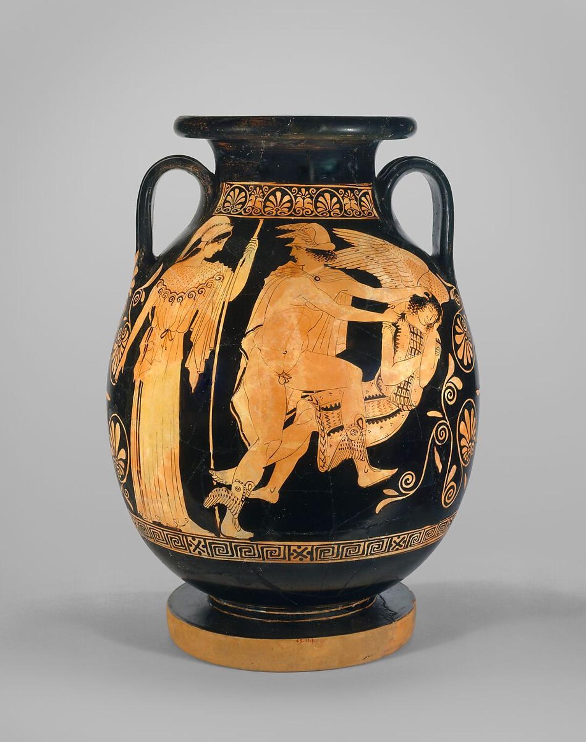 Jarrón de terracota pintado atribuido a Polygnotos (450–440 A. C.) en el que se representa el momento en el que Perseo acude a decapitar a una durmiente Medusa, instigado por Atenea, conservado en el Museo Metropolitano de Nueva York.
