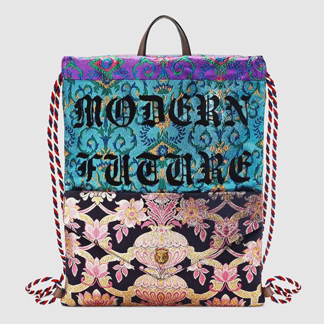 Mochila de Brocado Bordada con Cordón de Gucci