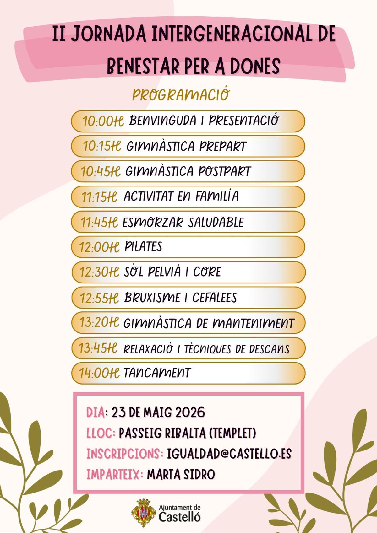 Programa de la Jornada Intergeneracional de Bienestar Femenino de Castellón.
