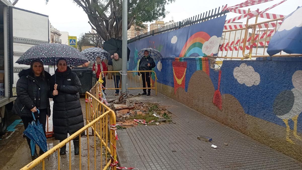 Miembros del AMPA del Eduardo Ocón y dirigentes vecinales, junto al lugar en el que un ficus cayó sobre el muro del centro.