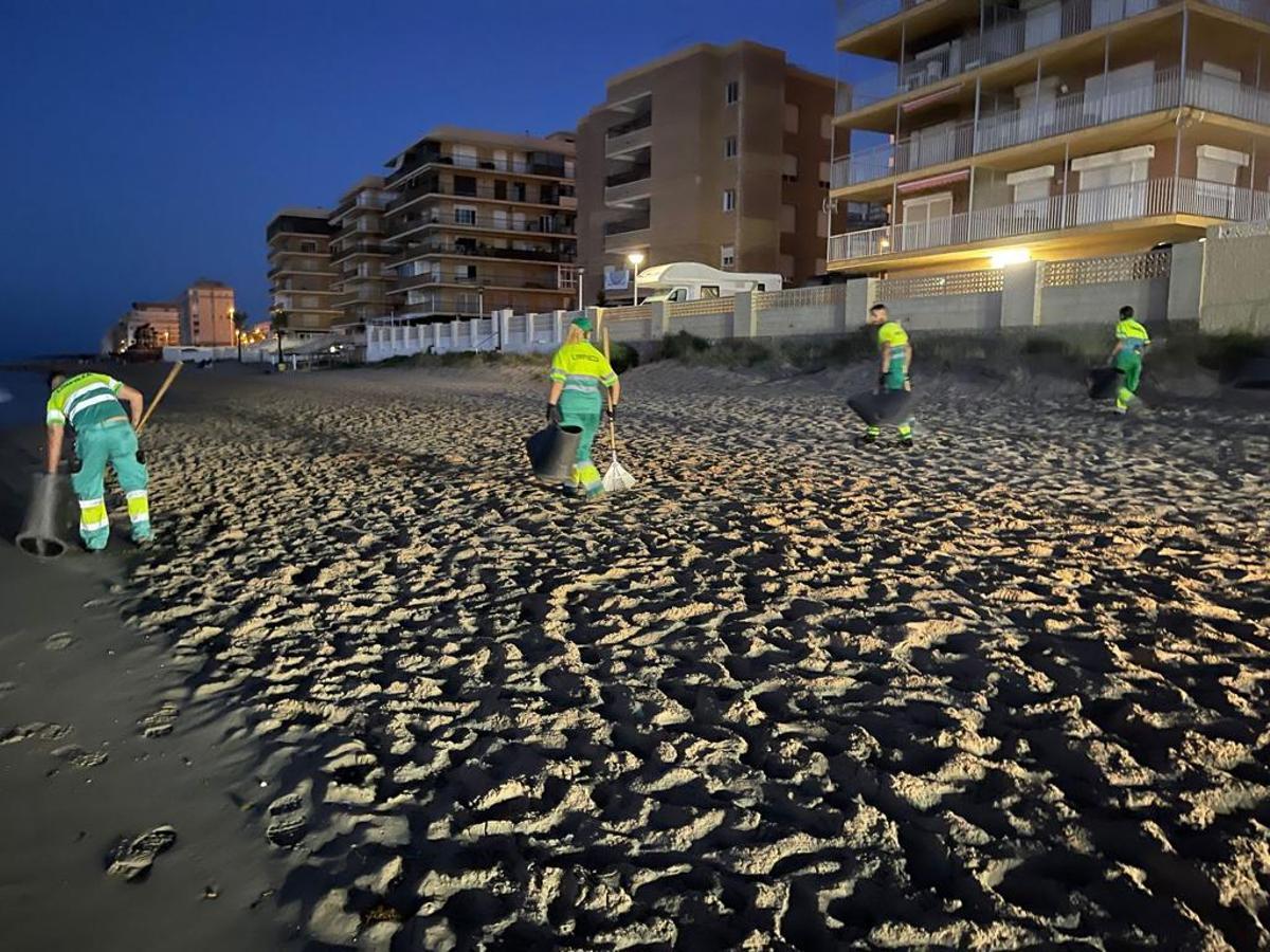 Operarios limpian basura en la playa de Arenales del Sol, anoche