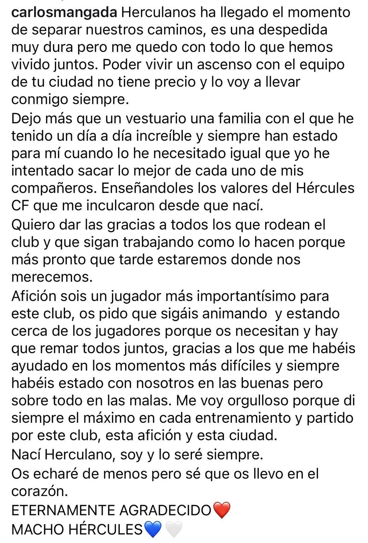 Comunicado de despedida de Carlos Mangada tras conocer que no recibirá oferta de renovación.