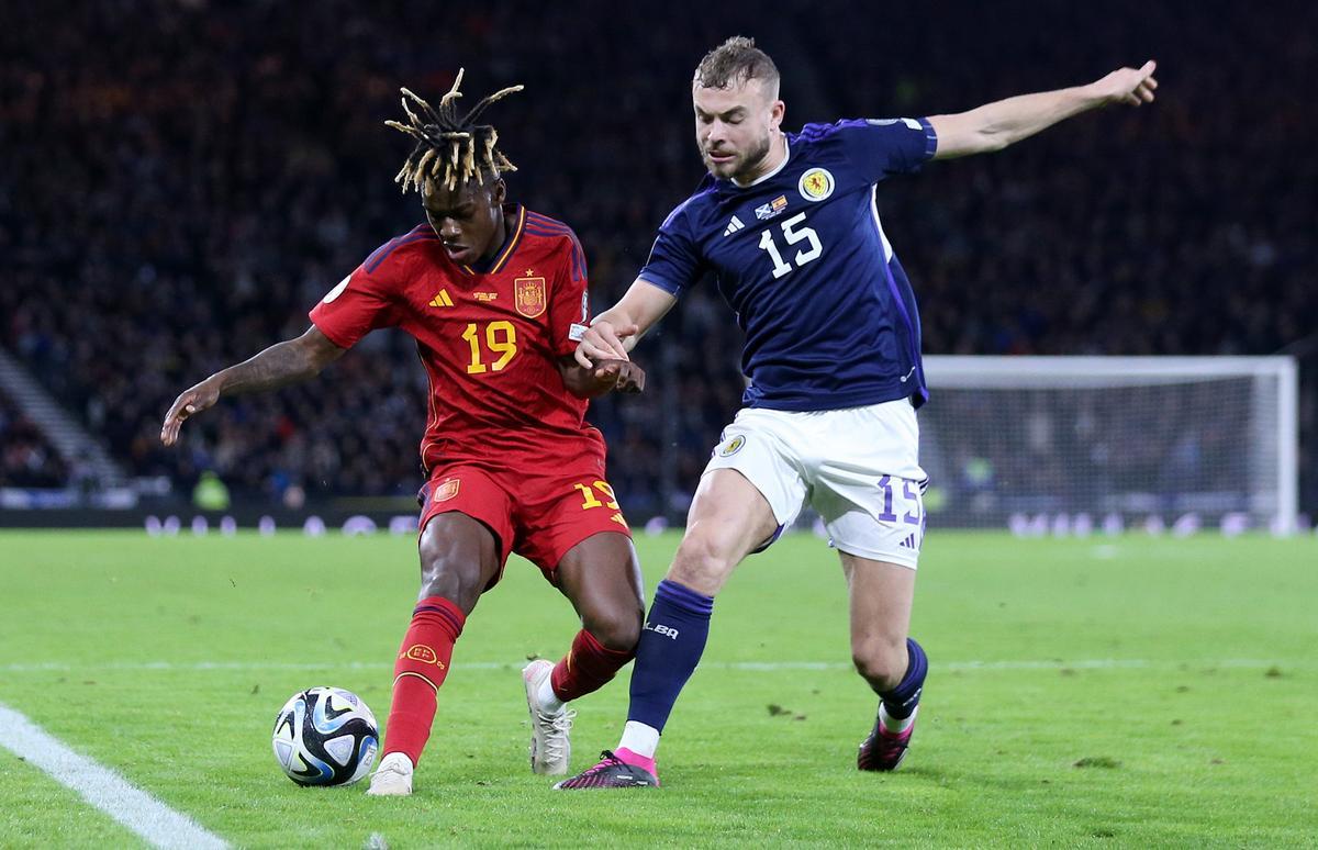 Glasgow (United Kingdom), 28/03/2023.- Ryan Porteous (R) of Scotland in action against Nico Williams of Spain during the UEFA EURO 2024 qualification match between Scotland and Spain in Glasgow, Britain, 28 March 2023. (España, Reino Unido) EFE/EPA/Robert Perry