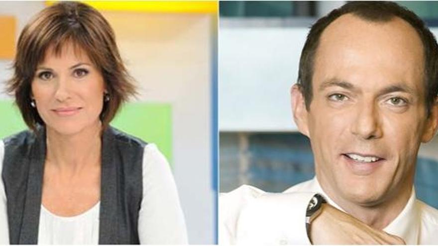 Concha García Campoy e Hilario Pino intercambian cadena en los informativos de Telecinco y Cuatro.