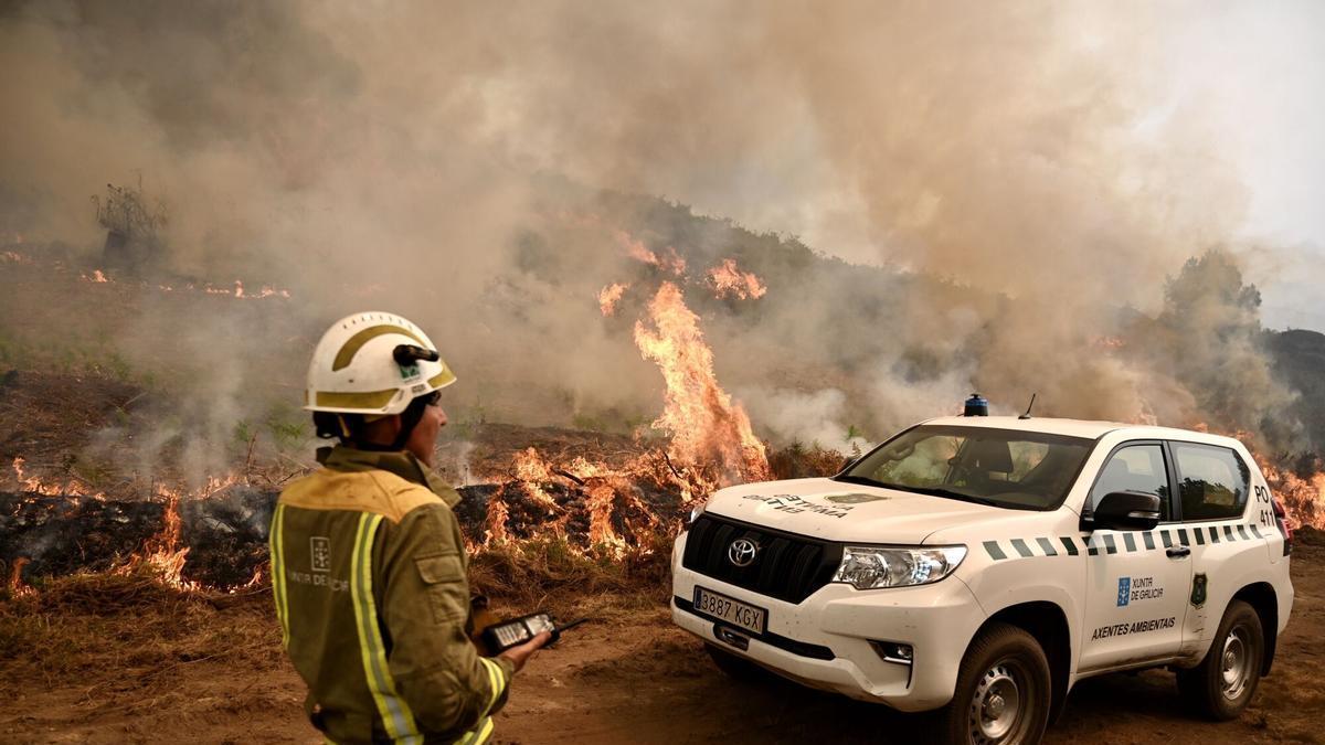 Un brigadista en un incendio forestal en Pontecaldelas.