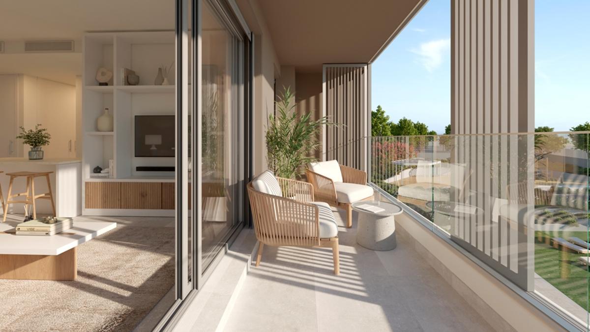 Terraza de las futuras viviendas de la promoción Zeta Valley de AEDAS Homes en el Distrito Zeta de Málaga capital.