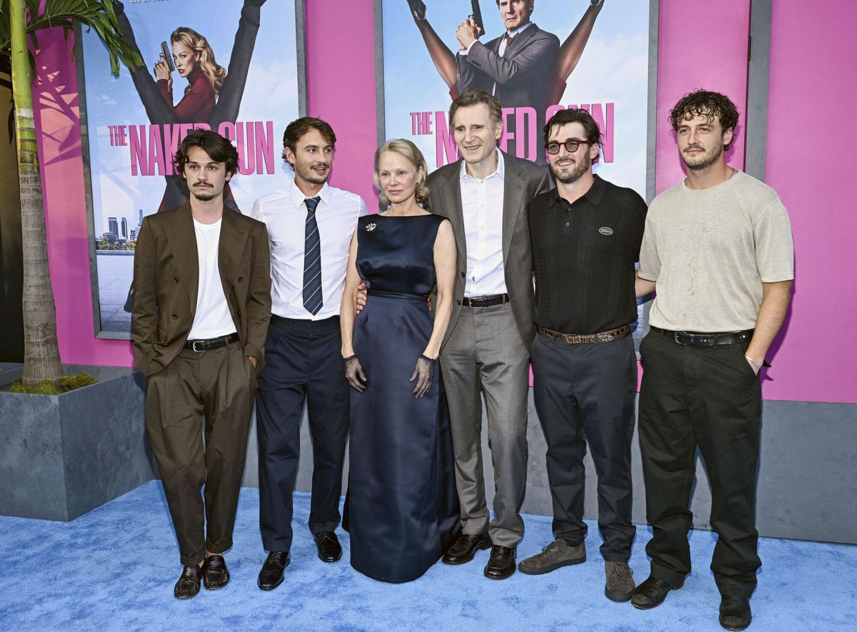 Dylan Lee, from left, Brandon Lee, Pamela Anderson, Liam Neeson, Daniel Neeson and Micheál Richardson attend the premiere of Paramount Pictures' "The Naked Gun" at the SVA Theater on Monday, July 28, 2025, in New York. (Photo by Evan Agostini/Invision/AP). 072825131903, 21334631