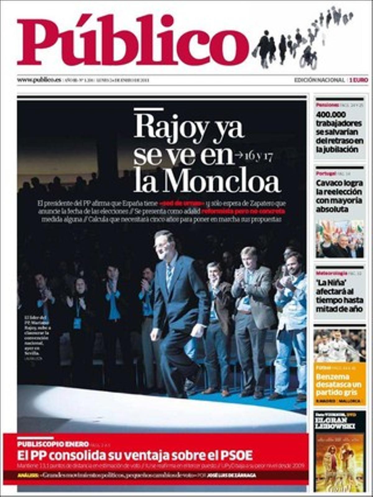 ’Público’, a més de destacar a dins que el seu sondeig mensual ’Publiescopio’ certifica al gener que el PP consolida el seu ampli avantatge sobre el PSOE (13,1 punts de distància), també destaca que la Generalitat de Francisco Camps s’empara en juristes nomenats pel PP per al·legar que a València no és obligatori retirar escuts franquistes, i que Barcelona es disposa a retirar el que representa la victòria franquista.