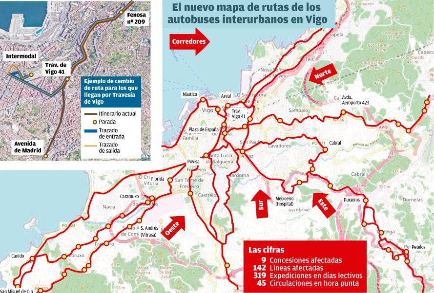 El nuevo mapa de rutas de los autobuses interurbanos de Vigo.