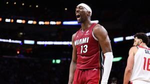 MIAMI, FLORIDA - MARCH 10: Bam Adebayo #13 of the Miami Heat celebrates during the fourth quarter of the game against the Washington Wizards at Kaseya Center on March 10, 2026 in Miami, Florida. NOTE TO USER: User expressly acknowledges and agrees that, by downloading and or using this photograph, User is consenting to the terms and conditions of the Getty Images License Agreement. Megan Briggs/Getty Images/AFP (Photo by Megan Briggs / GETTY IMAGES NORTH AMERICA / Getty Images via AFP). NOTE TO USER: User expressly acknowledges and agrees that, by downloading and or using this photograph, User is consenting to the terms and conditions of the Getty Images License Agreement