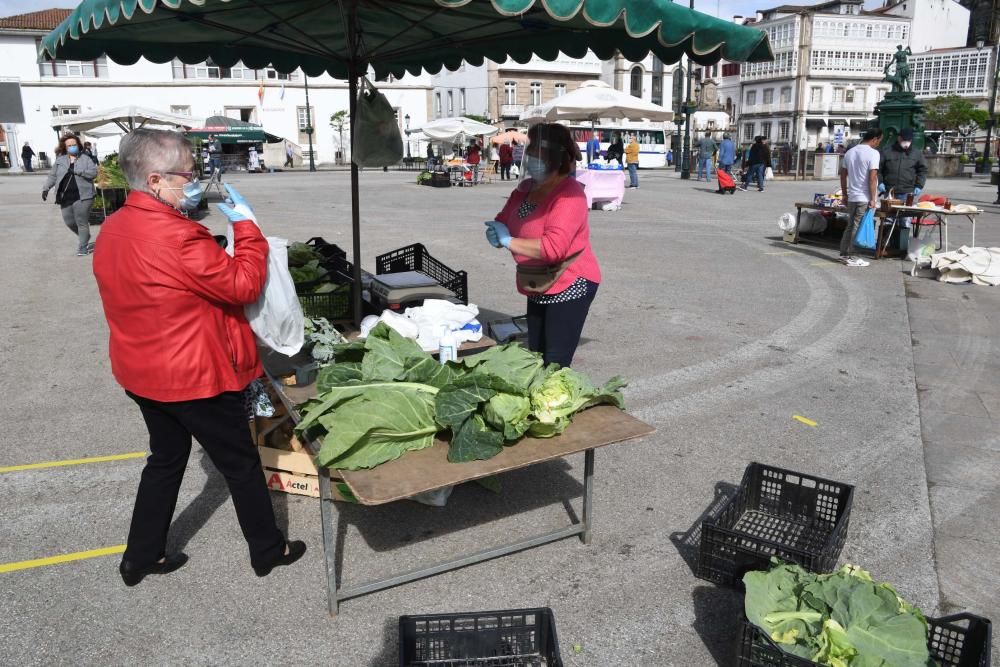 Una docena de vendedores de productos agroalimentarios de toda la comarca coruñesa acudieron a la plaza Irmáns García Naveira de Betanzos en el primer mercado semanal desde el inicio del confinamiento