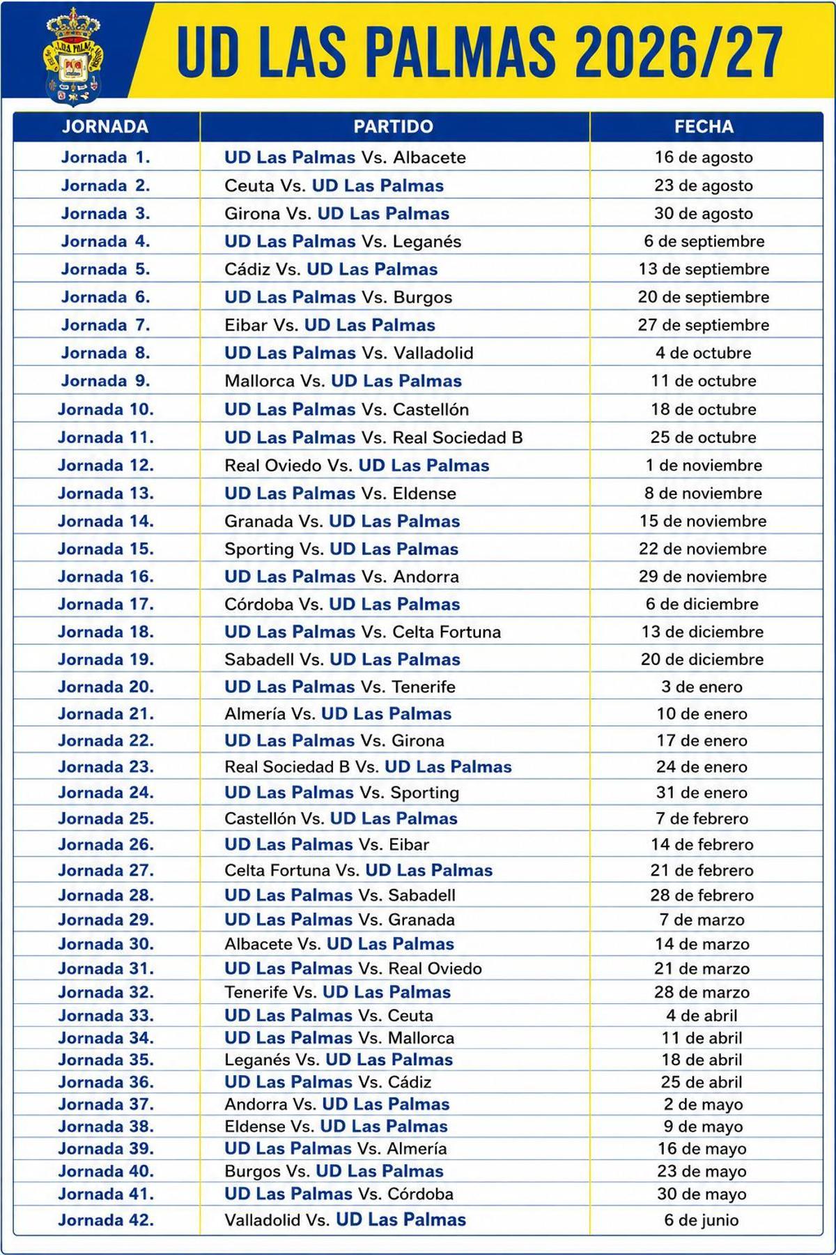 Calendario completo UD Las Palmas 2026/2027