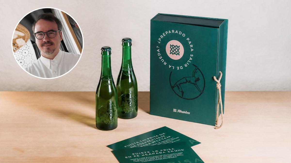 Un pack de la campaña La Rueda de Cervezas Alhambra, y arriba a la izquierda, el chef Paco Morales, del restaurante Noor de Córdoba.