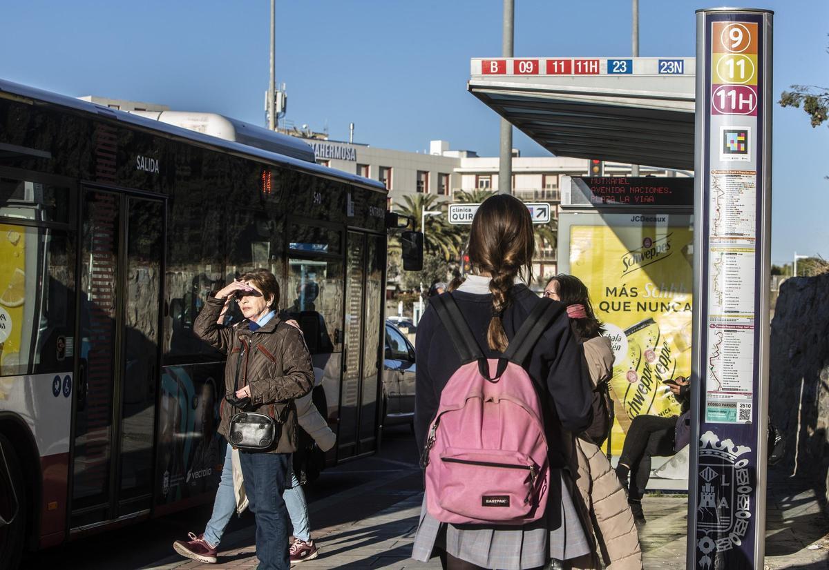 Una estudiante espera en una parada de autobús de Alicante.