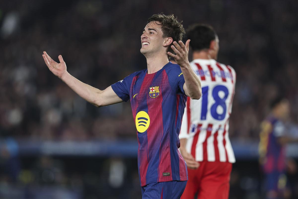 Gavi of FC Barcelona lamenting during the UEFA Champions League 2025/26 Quarter-finals First Leg, football match played between FC Barcelona and Atletico de Madrid at Spotify Camp Nou stadium on April 08, 2026 in Barcelona, Spain. AFP7 08/04/2026 ONLY FOR USE IN SPAIN