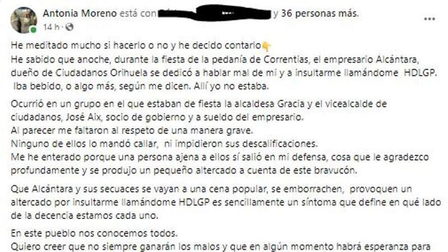 La delegada del Consell denuncia graves insultos del &quot;empresario dueño de Cs&quot; en Orihuela y socio de gobierno del PSOE