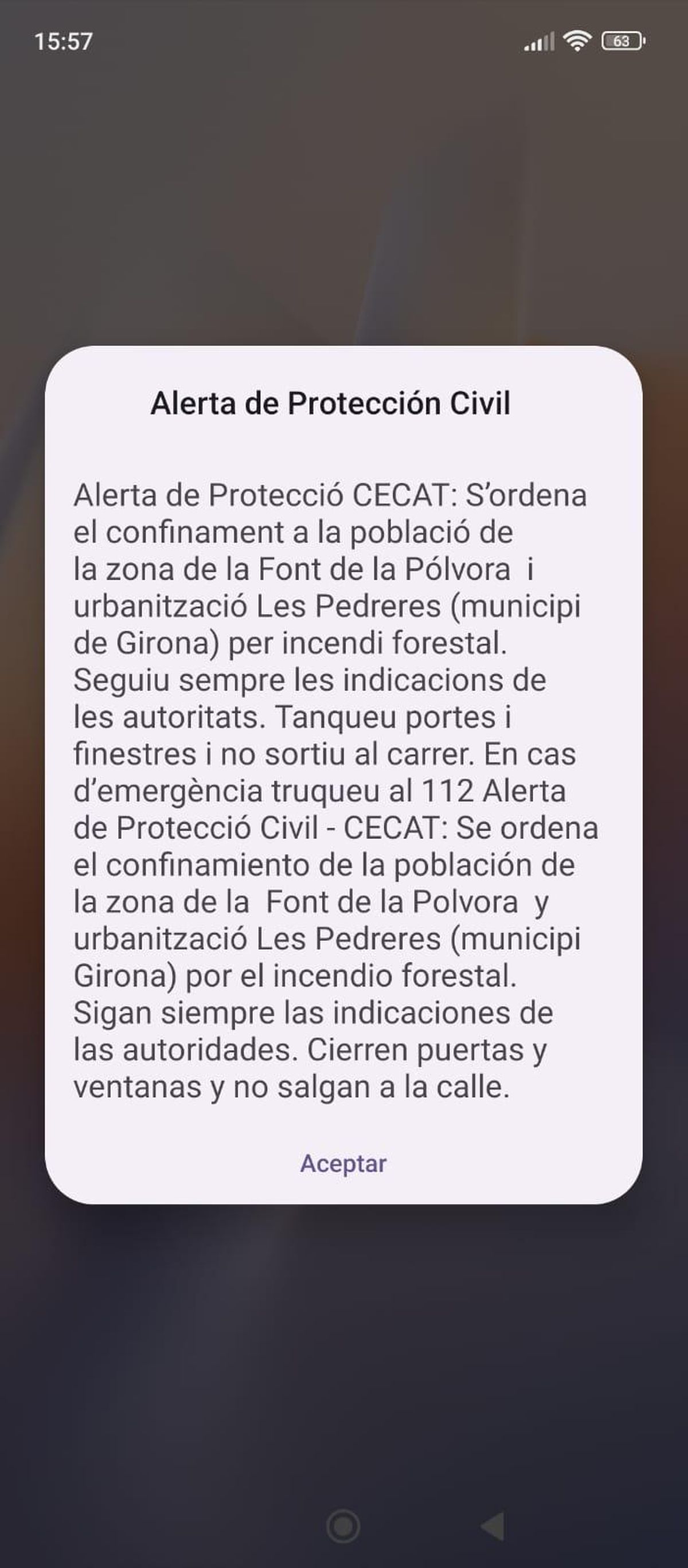 L'alerta que ha enviat Protecció Civil als telèfons mòbils.