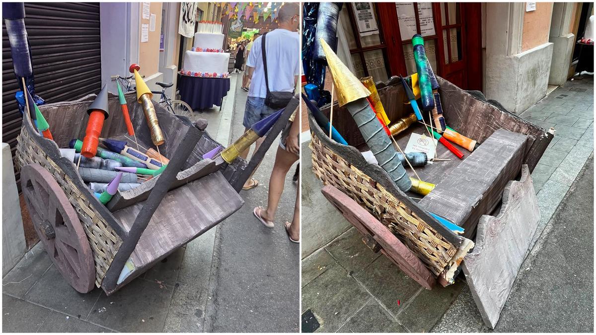 El carro de petardos tolkiendi de la calle Fraternitat de Dalt, dañado al inicio de las fiestas de Gràcia 2026
