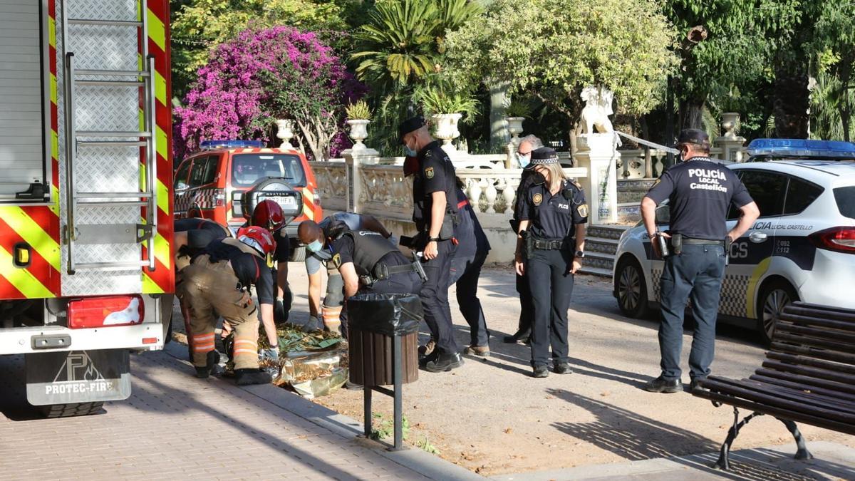 Los bomberos sacan el cuerpo del estanque del parque Ribalta.