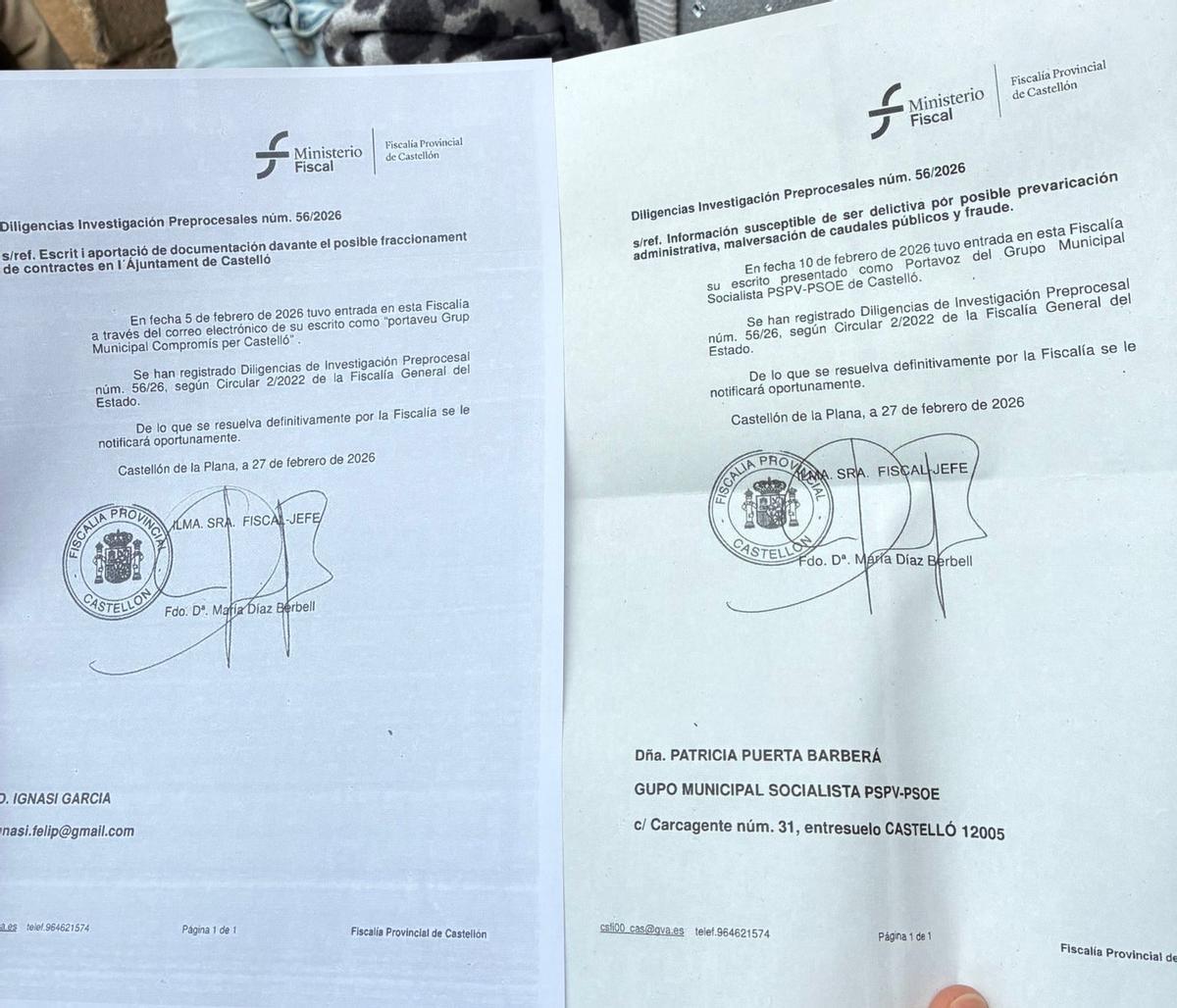 Escritos de la Fiscalía remitidos al PSOE y a Compromís.