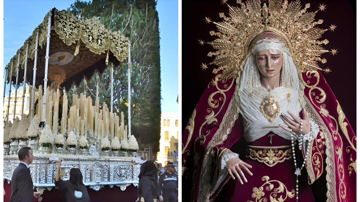 A la derecha palio de  Los Javieres cuando salía la dolorosa de Gracia y Amparo sin la compañía de San Juan Evangelista (foto Foro Cofrade), y a la derecha la patrona de Alcosa en una foto de la Hermandad