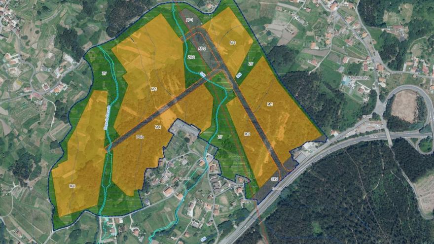 Diseño global del futuro parque empresarial, al un lado del acceso norte de Poio.