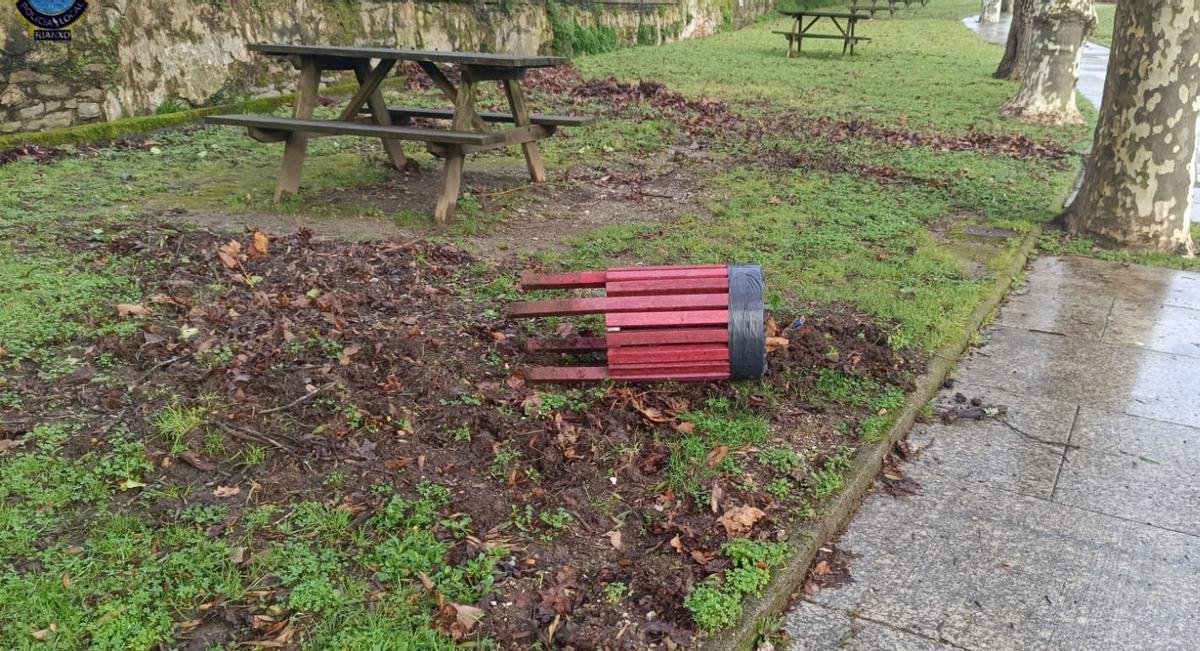 Unha das papeleiras arrincadas na zona verde da praia de Tanxil.