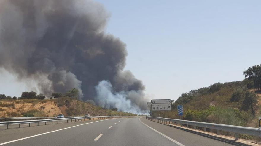 Cortan el tráfico y desalojan viviendas en Alcuéscar por un incendio forestal
