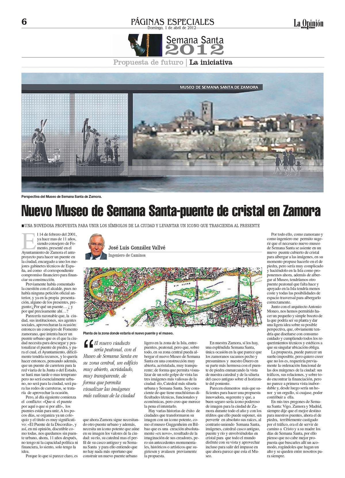 Página de la hemeroteca de 2012 en la que José Luis González Vallvé planteaba su propuesta del Museo de Semana Santa en un puente.