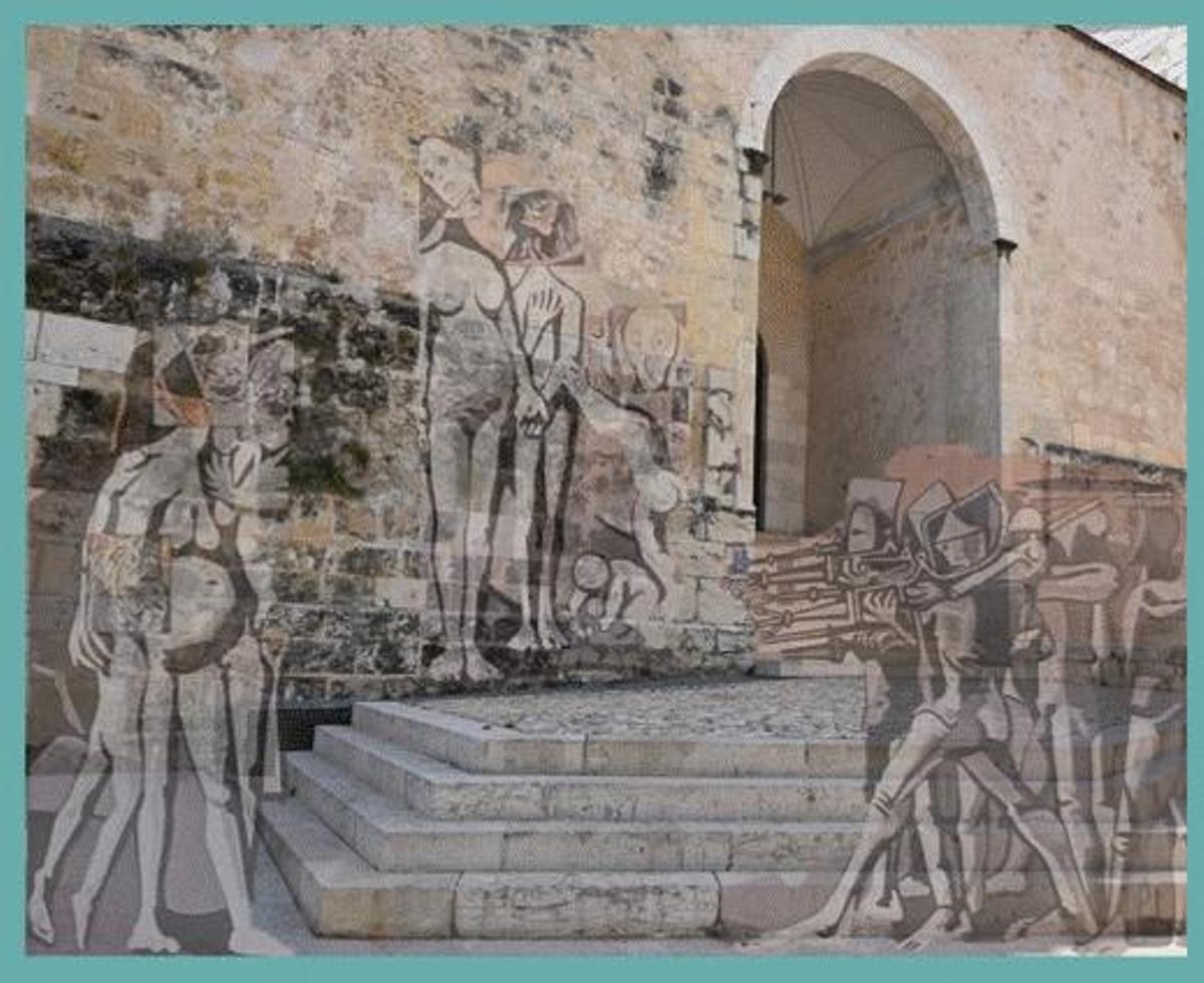 Imatge II. La memòria en els disset escalons de Sant Domènec (2026). Fotocomposició a partir de Los monstruos d’Equipo Crónica i de la façana de l’antic Convent de Sant Domènec de Xàtiva.