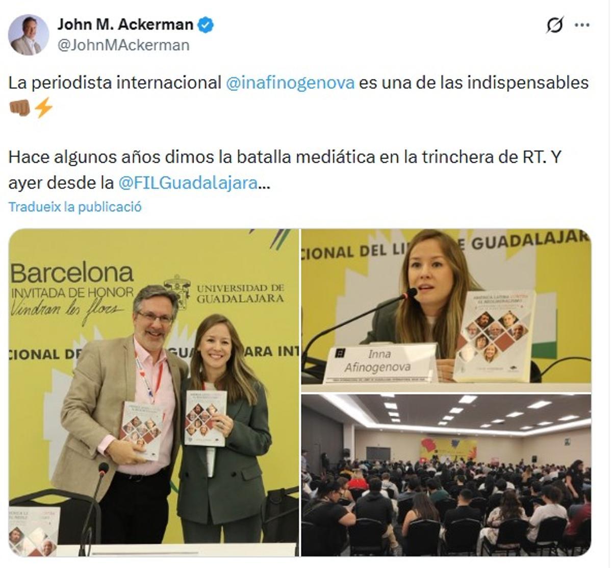 Captura de pantalla del post en el que Ackerman reivindica el trabajo conjunto con Inna en la cadena gubernamental rusa RT.