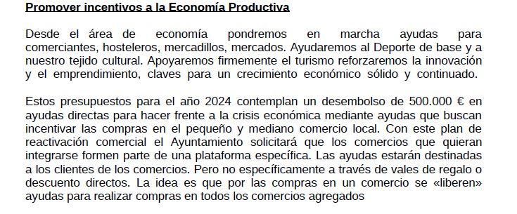 Extracto de la memoria explicativa de los presupuestos en la que Dolón apunta al cambio del modelo de incentivos al comercio