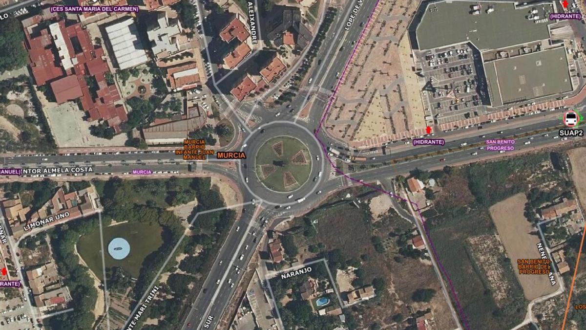 Lugar exacto en el que se ha producido el accidente de tráfico, en Murcia.