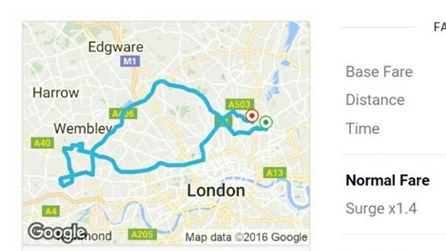 Imagen de la ruta seguida por el conductor de Uber.