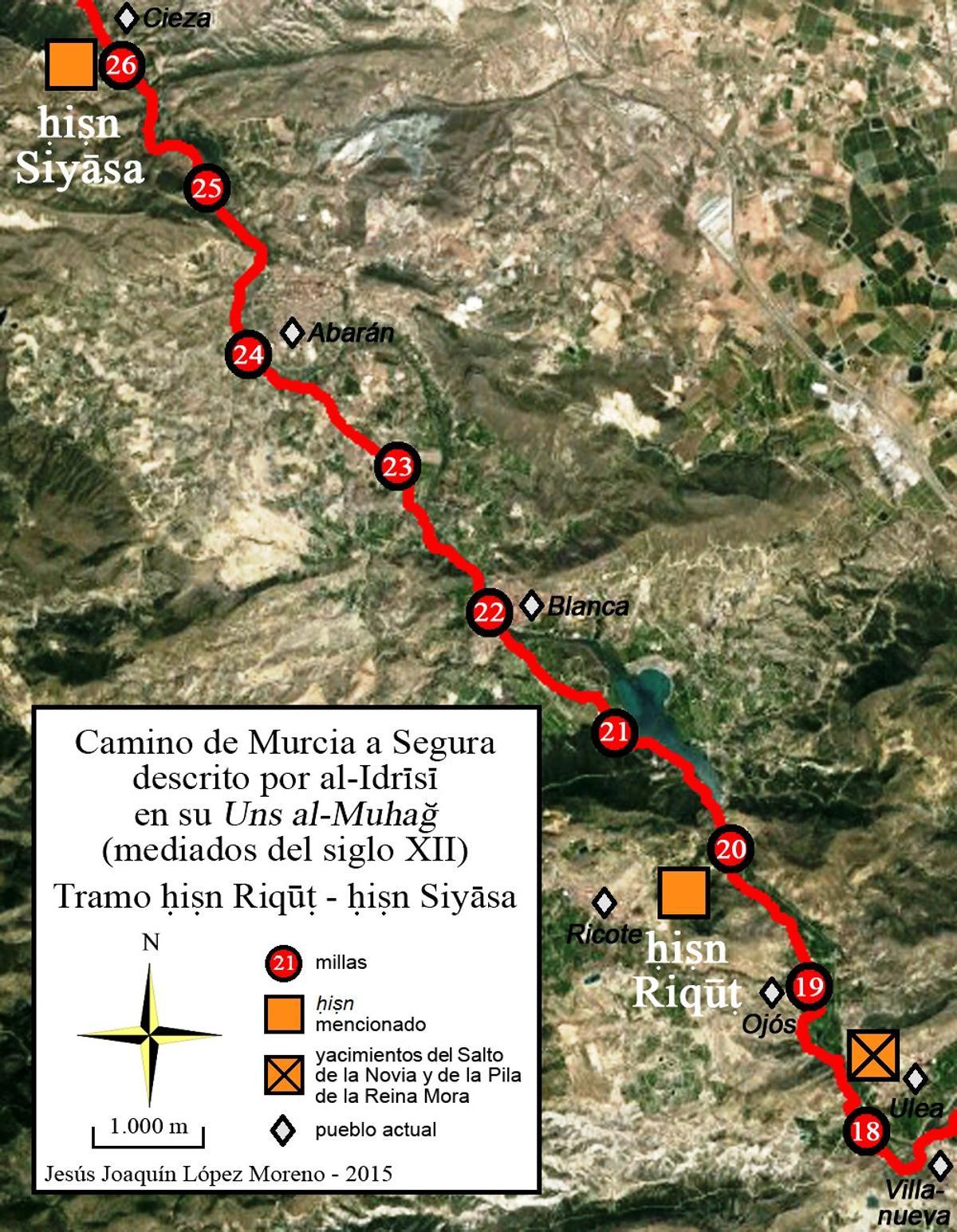 Camino histórico de Murcia a Segura descrito por al-Idrisi a mediados del siglo XII (tramo Villanueva del Río Segura-Cieza). Trazado sobre ortofotografía de 2012 (Google Earth)