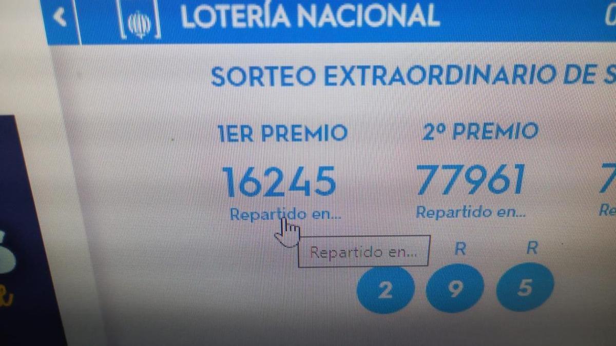 Pantallazo de la web de Loterías del Estado con el número premiado. D.I.